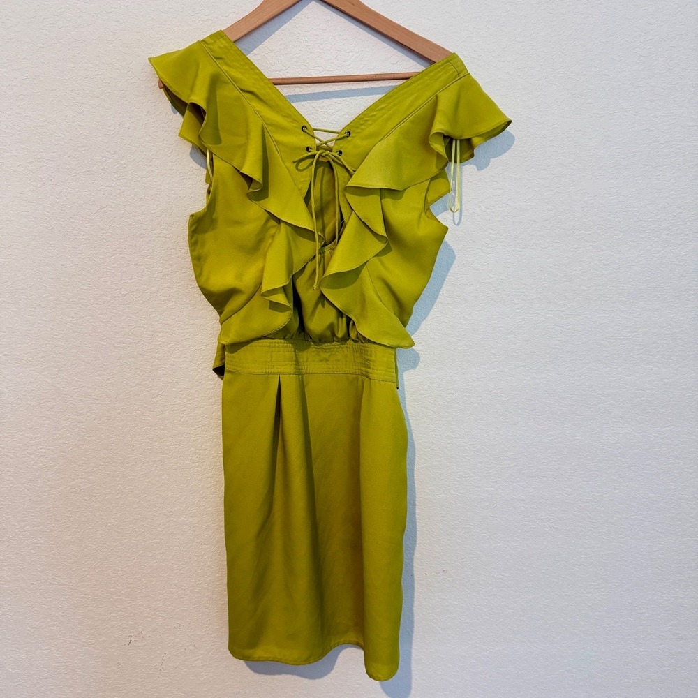 Jessica Simpson Ruffle Mini Dress Womens 14 Chartreuse Lace Up Belted